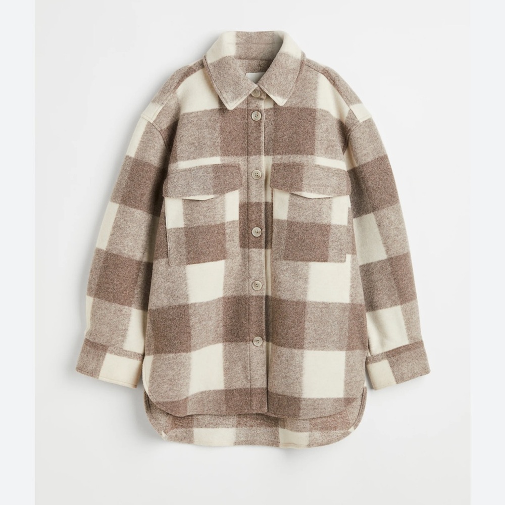 H&M Womens Oversized Shirt Jacket Dark Beige/check